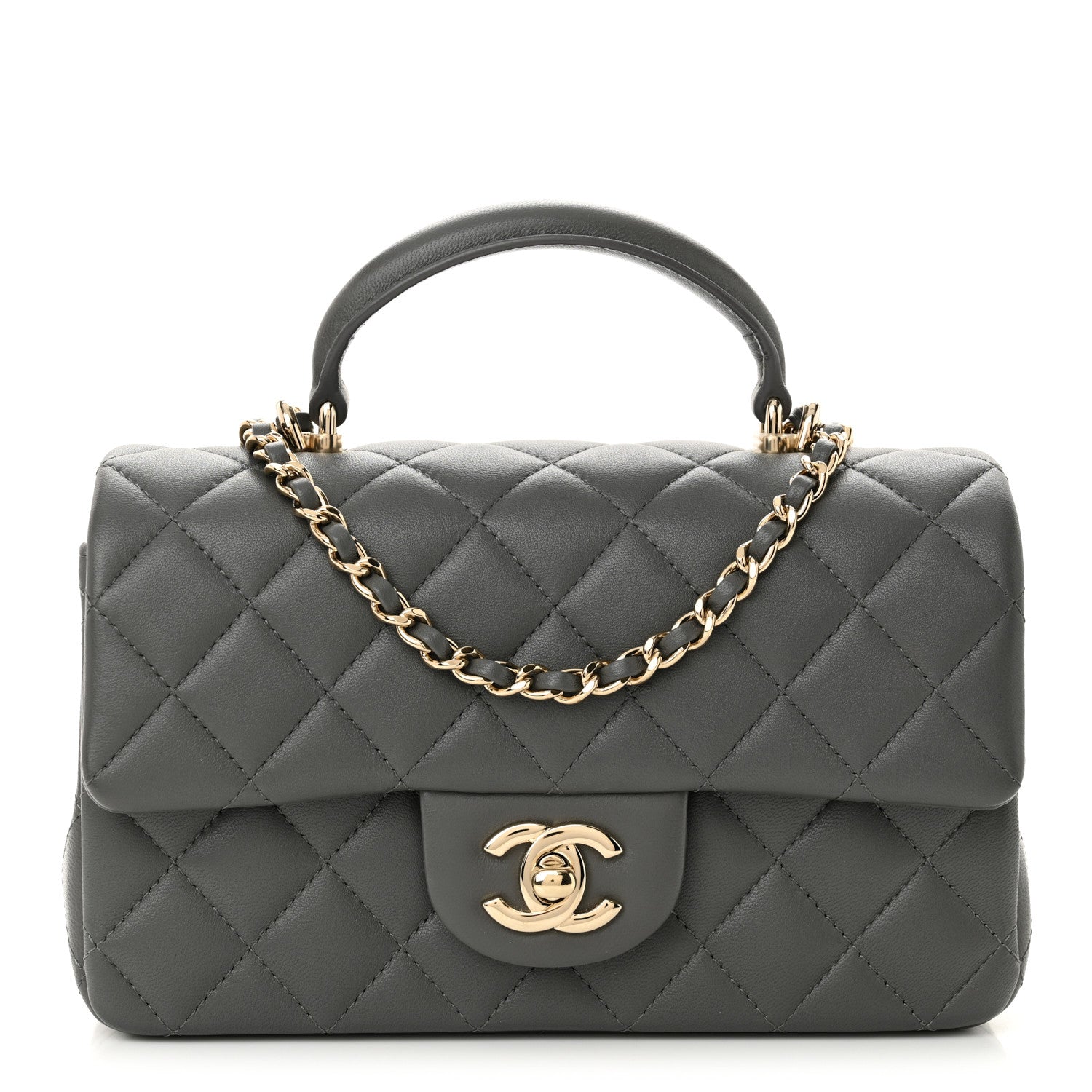 Chanel Lambskin Quilted Mini Top Handle Rectangular Flap Grey