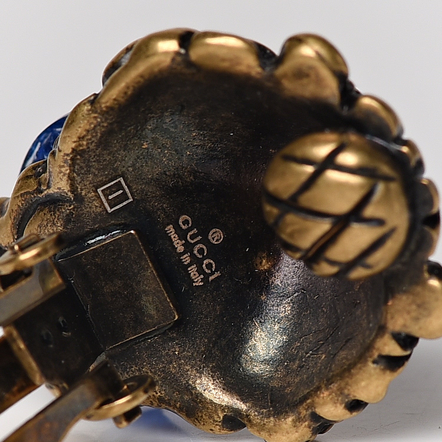 Gucci Metal Crystal Lion Clip On Earrings Aged Gold Blue 4 of 5