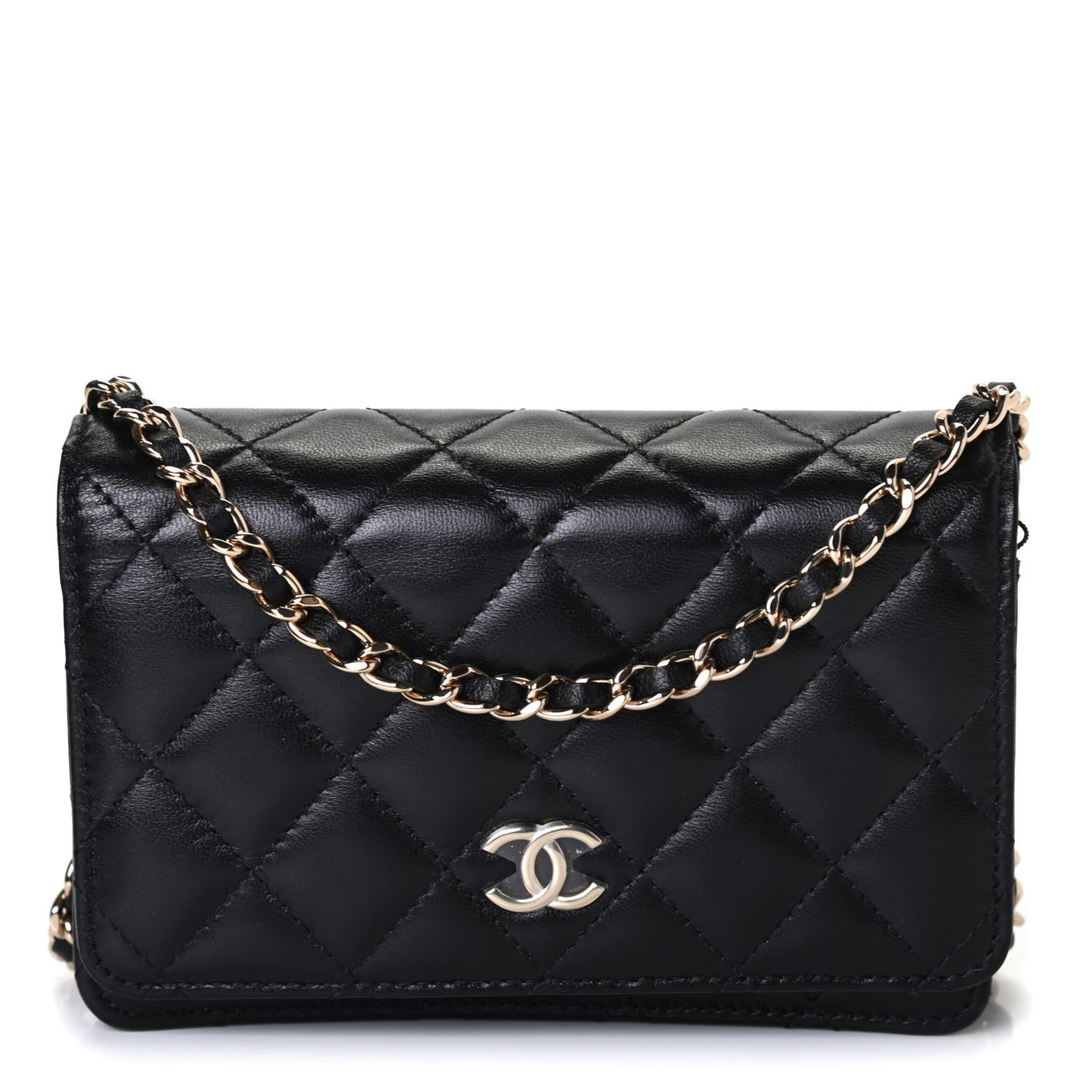 Lambskin Quilted Mini Camellia Bow Wallet On Chain WOC Black