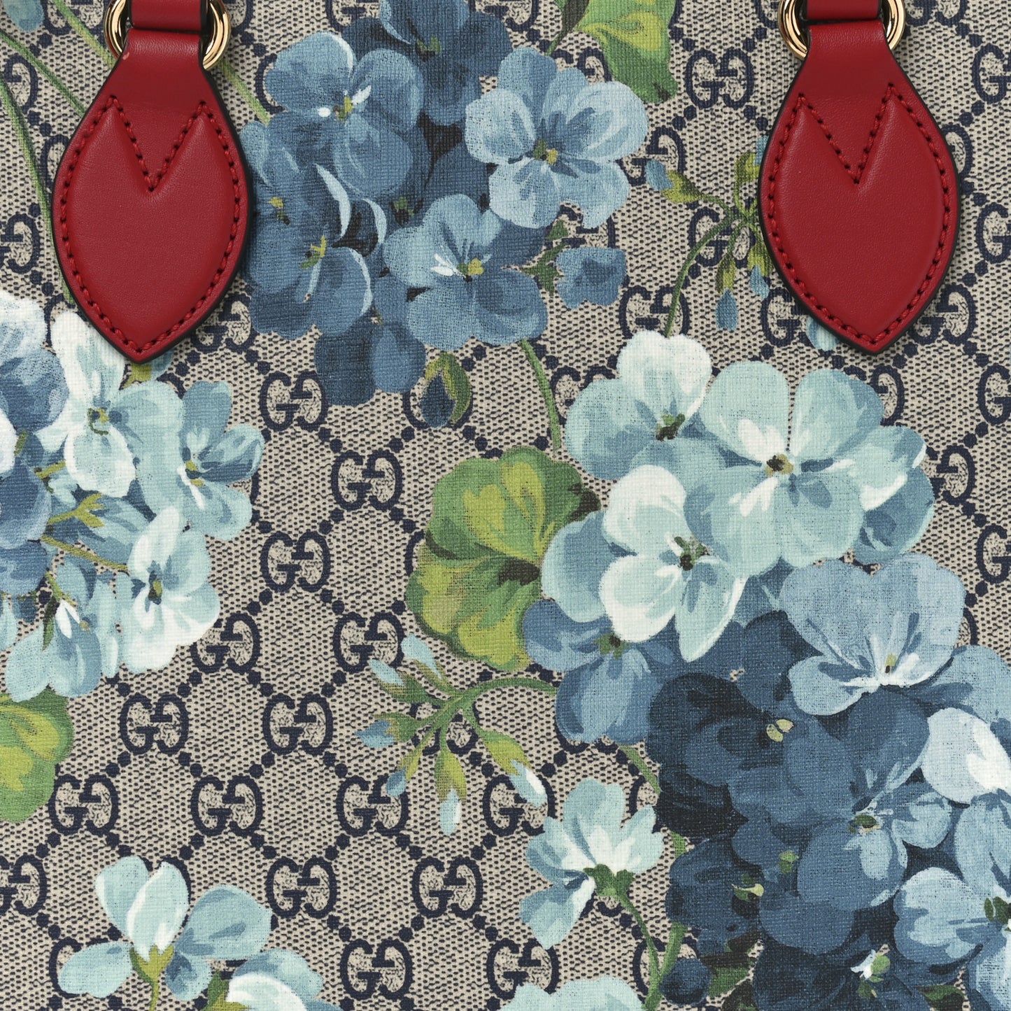 GG Supreme Monogram Blooms Medium Zippered Bucket Tote Beige Blue Navy Hibiscus Red