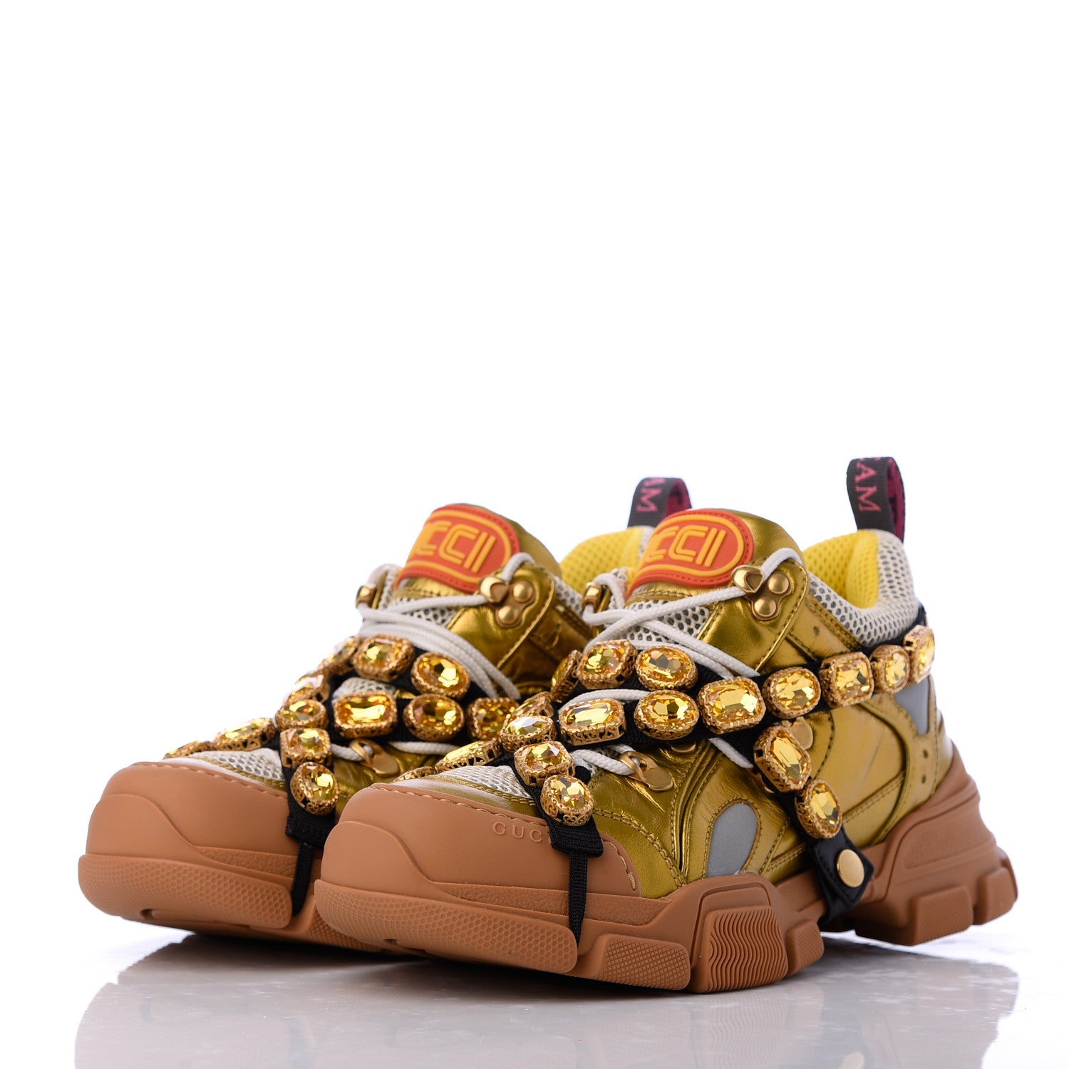 Gucci X SEGA Metallic Calfskin Mesh Removable Crystals Womens Flashtrek Sneakers 39 Oro Vecchio Mystic White Silver 3 of 19