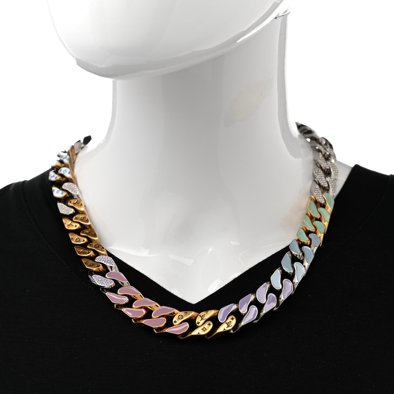 Louis Vuitton Metal Enamel Crystal Soapy Chain Necklace Silver Gold 2 of 10