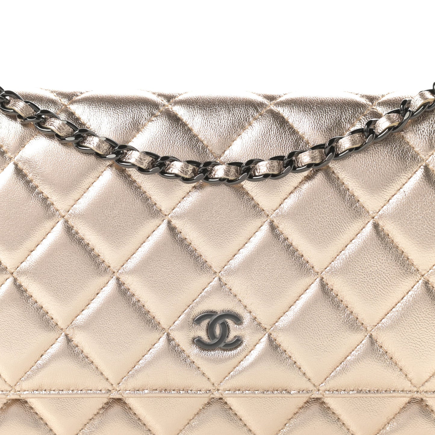 Metallic Lambskin Quilted Wallet On Chain WOC Gold Black