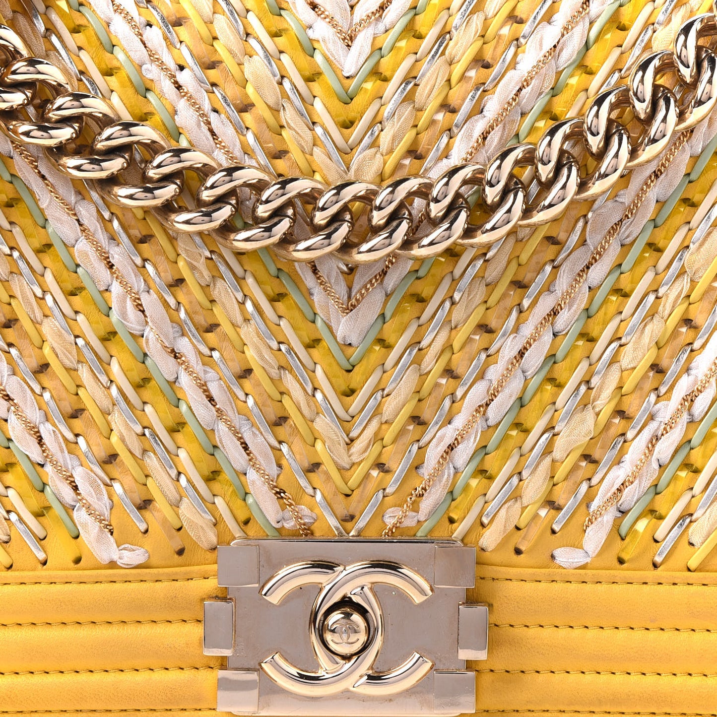Calfskin Chevron Embroidered Medium Flap Yellow