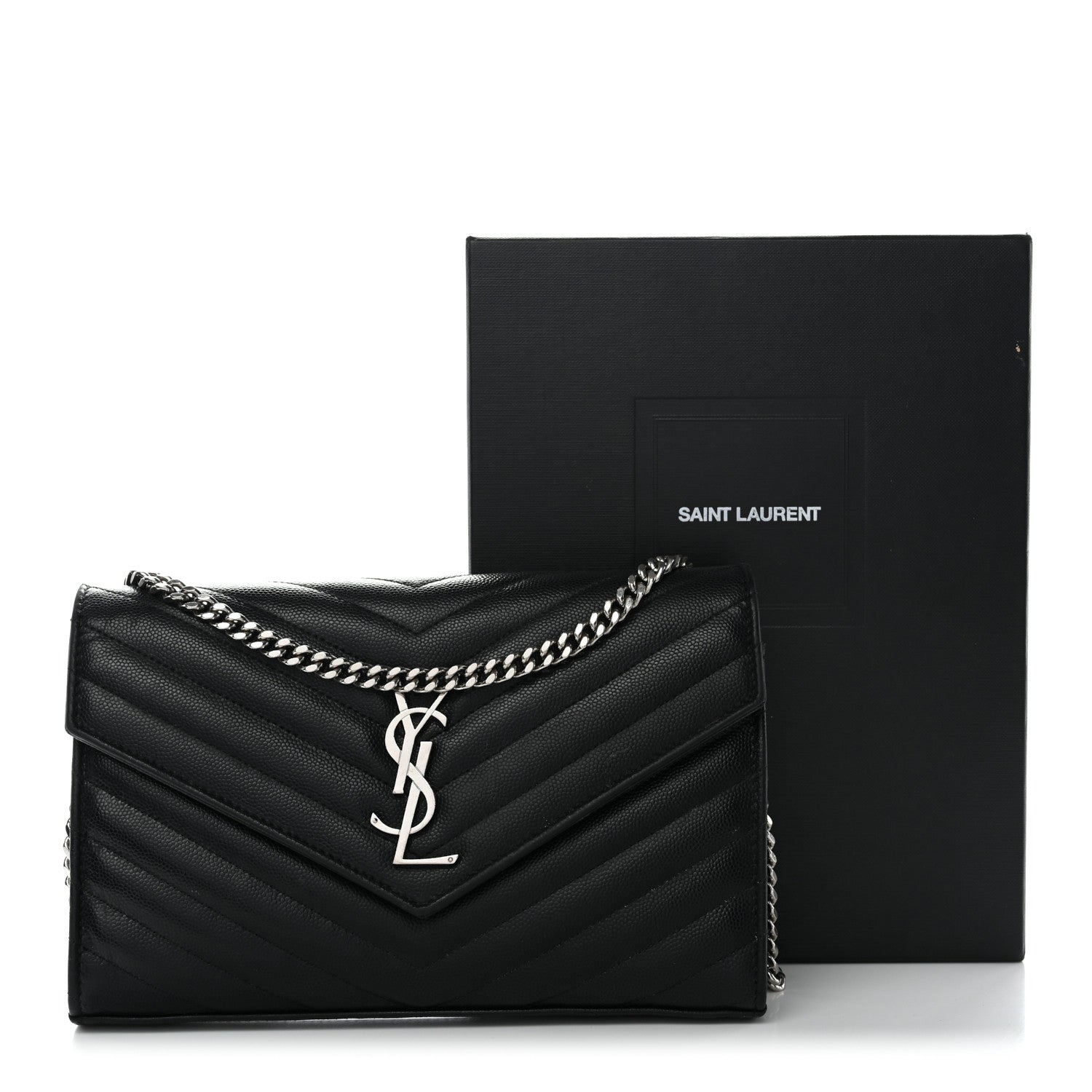 Saint Laurent Grain De Poudre Matelasse Chevron Monogram Chain Wallet Black 16 of 16