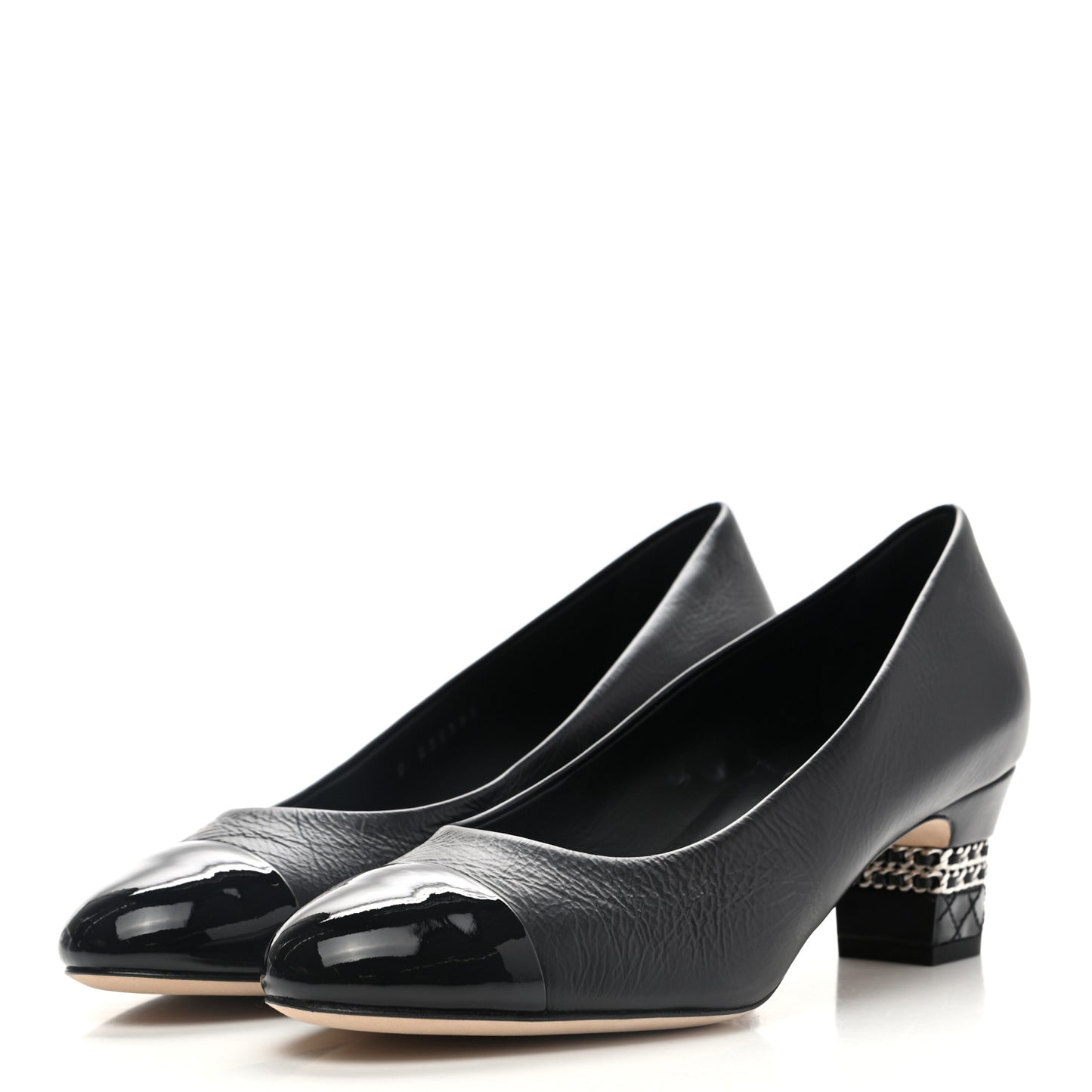 Patent Calfskin CC Cap Toe Chain Pumps 39 Black