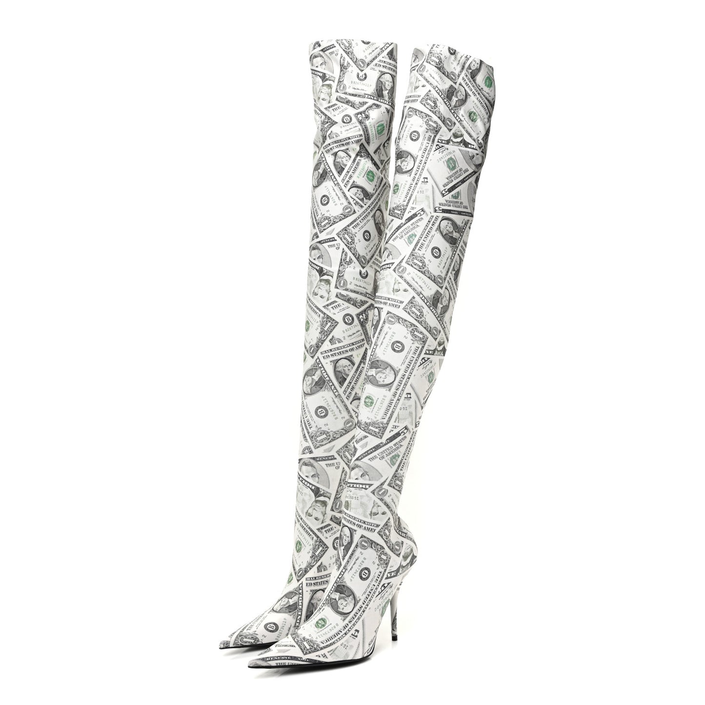 Spandex Dollars Print Pointed Toe Knife Thigh High Boots 37 Green