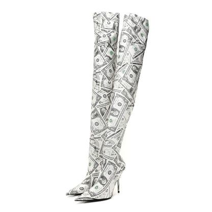 Balenciaga Spandex Dollars Print Pointed Toe Knife Thigh High Boots 37 Green 3 of 8