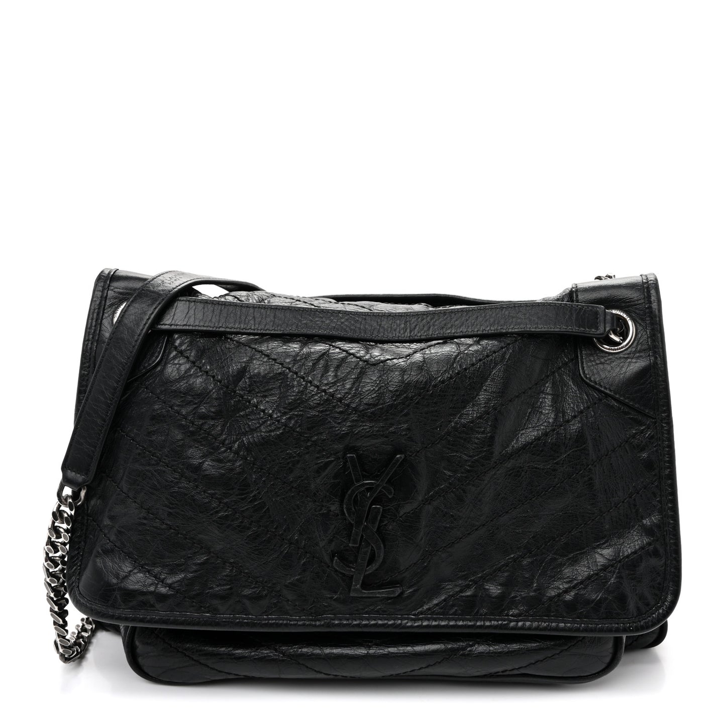 Crinkled Calfskin Matelasse Monogram Large Niki Chain Satchel Black