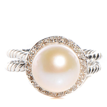 David Yurman Sterling Silver Pave Diamond Pearl Cable Ring Size 6.5 1 of 4