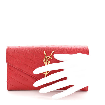 Saint Laurent Grain De Poudre Matelasse Chevron Monogram Flap Wallet Red 2 of 10