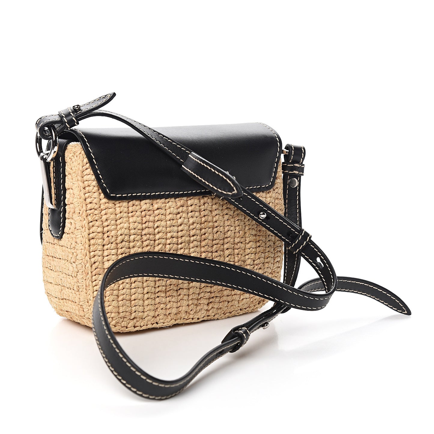 Raffia Vitello Flap Shoulder Bag Naturale Black