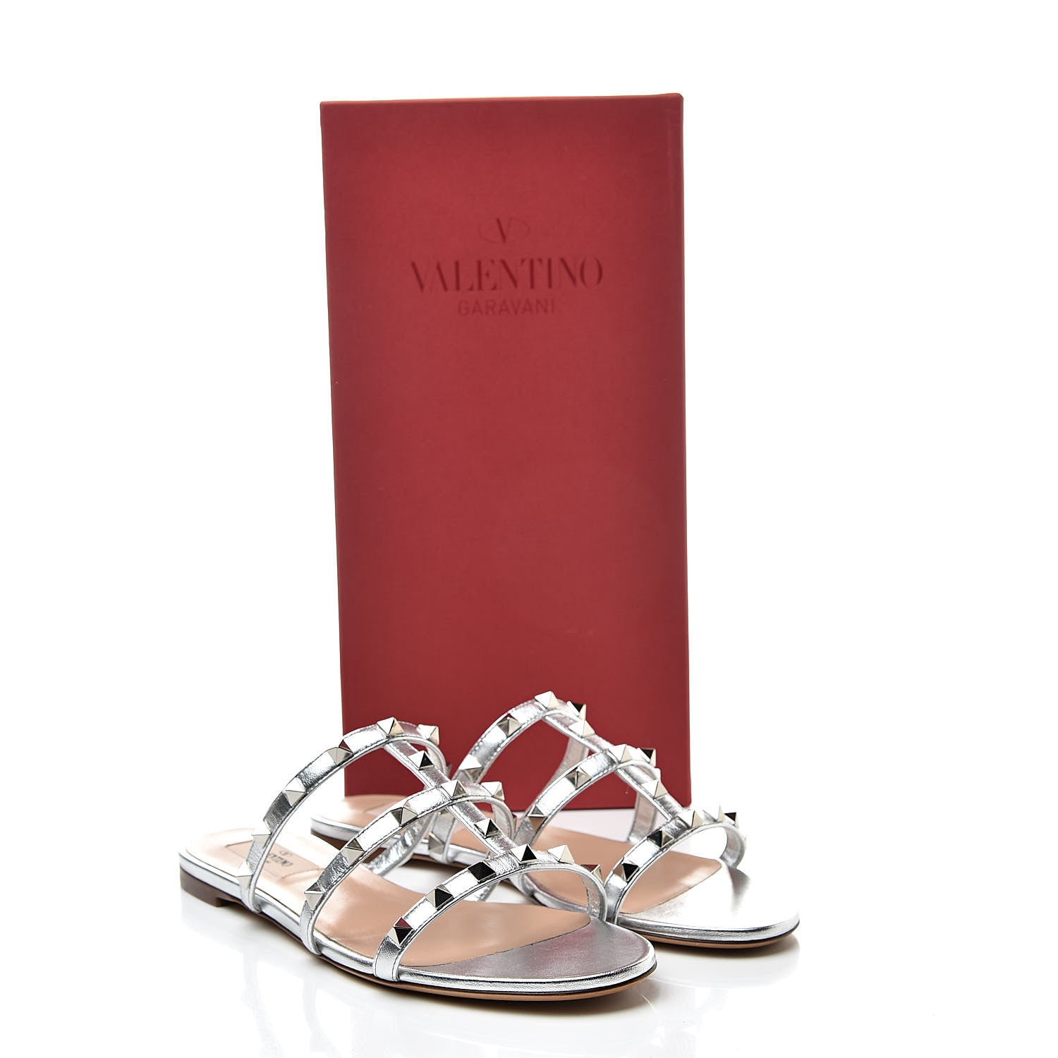 Valentino Garavani Metallic Nappa Rockstud Caged Flat Slide Sandals 38 Silver 9 of 9