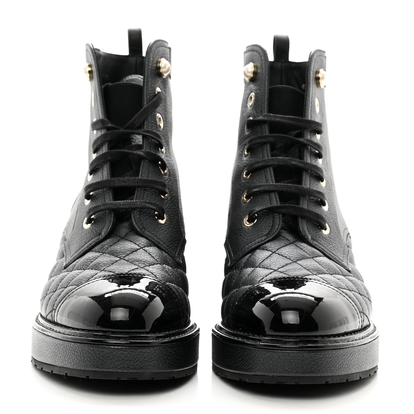 Pearly Calfskin Patent Calfskin Lace Up Combat Boots 38 Black