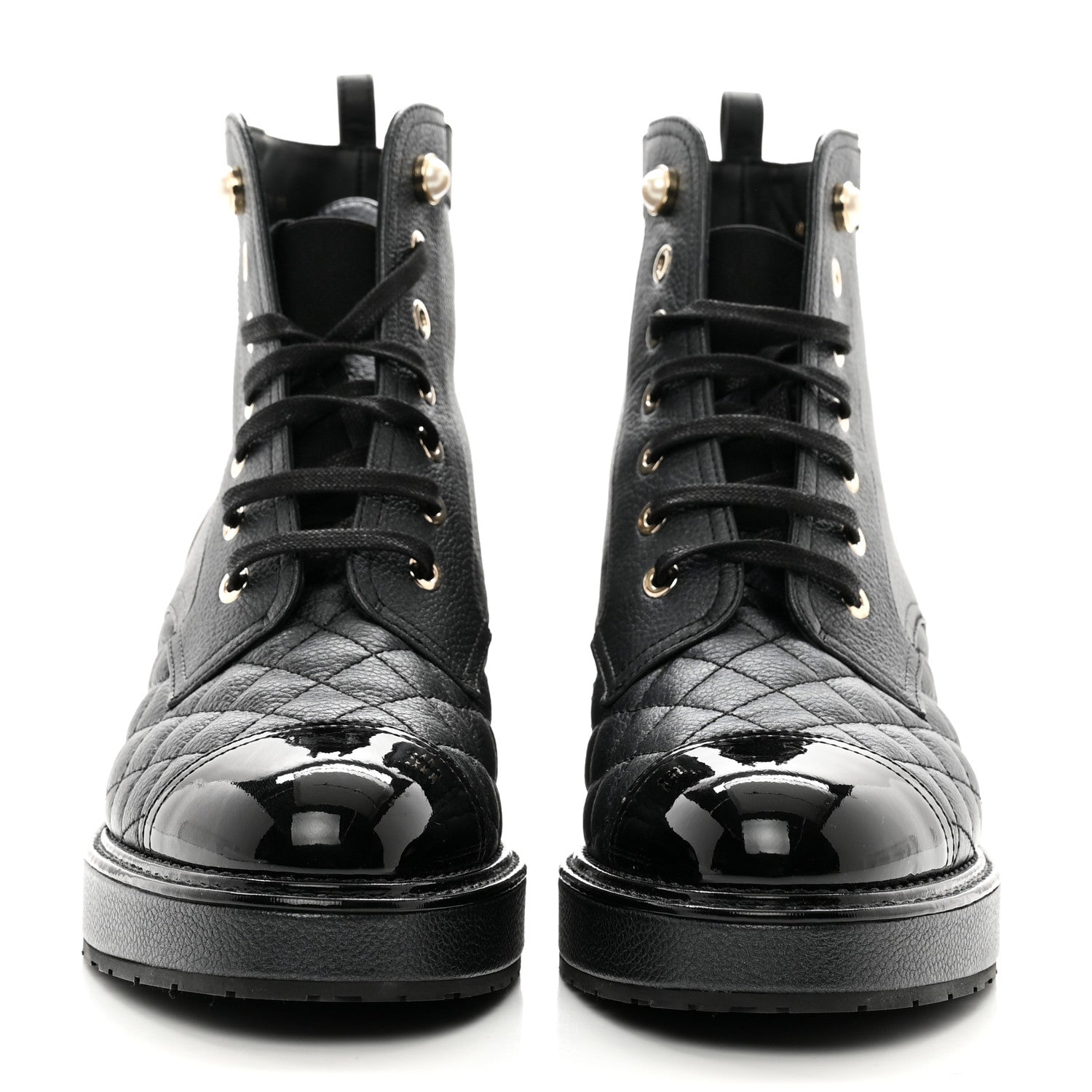 Chanel Pearly Calfskin Patent Calfskin Lace Up Combat Boots 38 Black 2 of 8