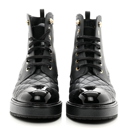 Chanel Pearly Calfskin Patent Calfskin Lace Up Combat Boots 38 Black 2 of 8