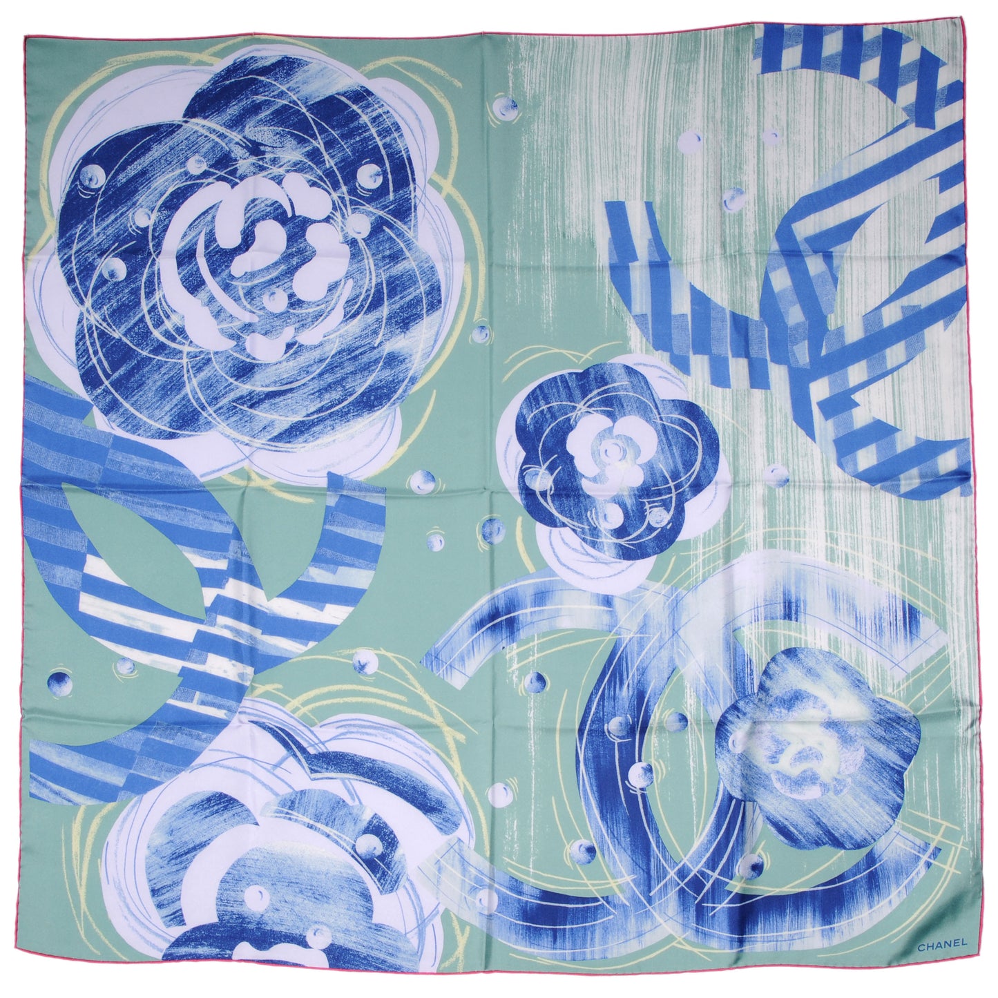 Silk Camellia CC Pearl Scarf Green