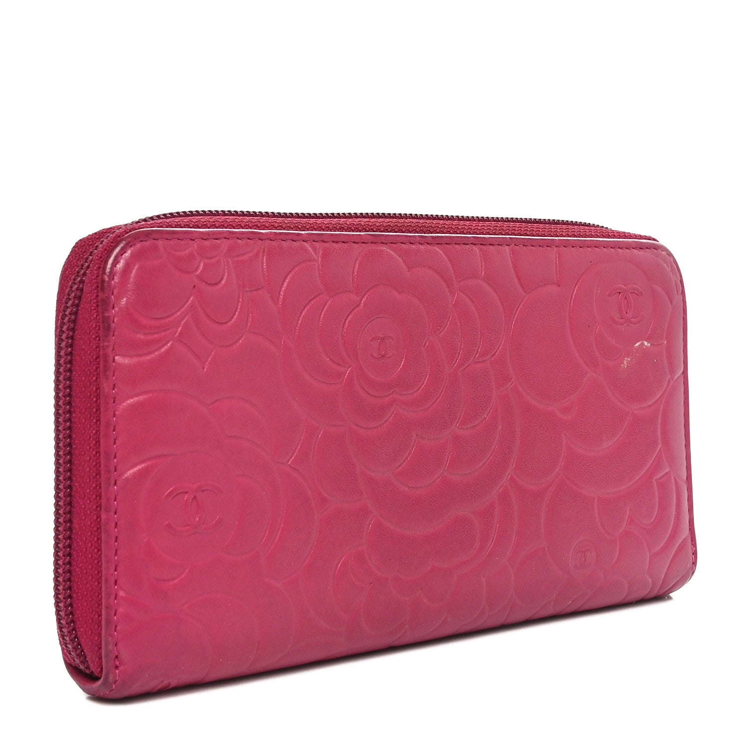 Chanel Lambskin Camellia Embossed Large Gusset Zip Around Wallet Fuchsia 3 of 13