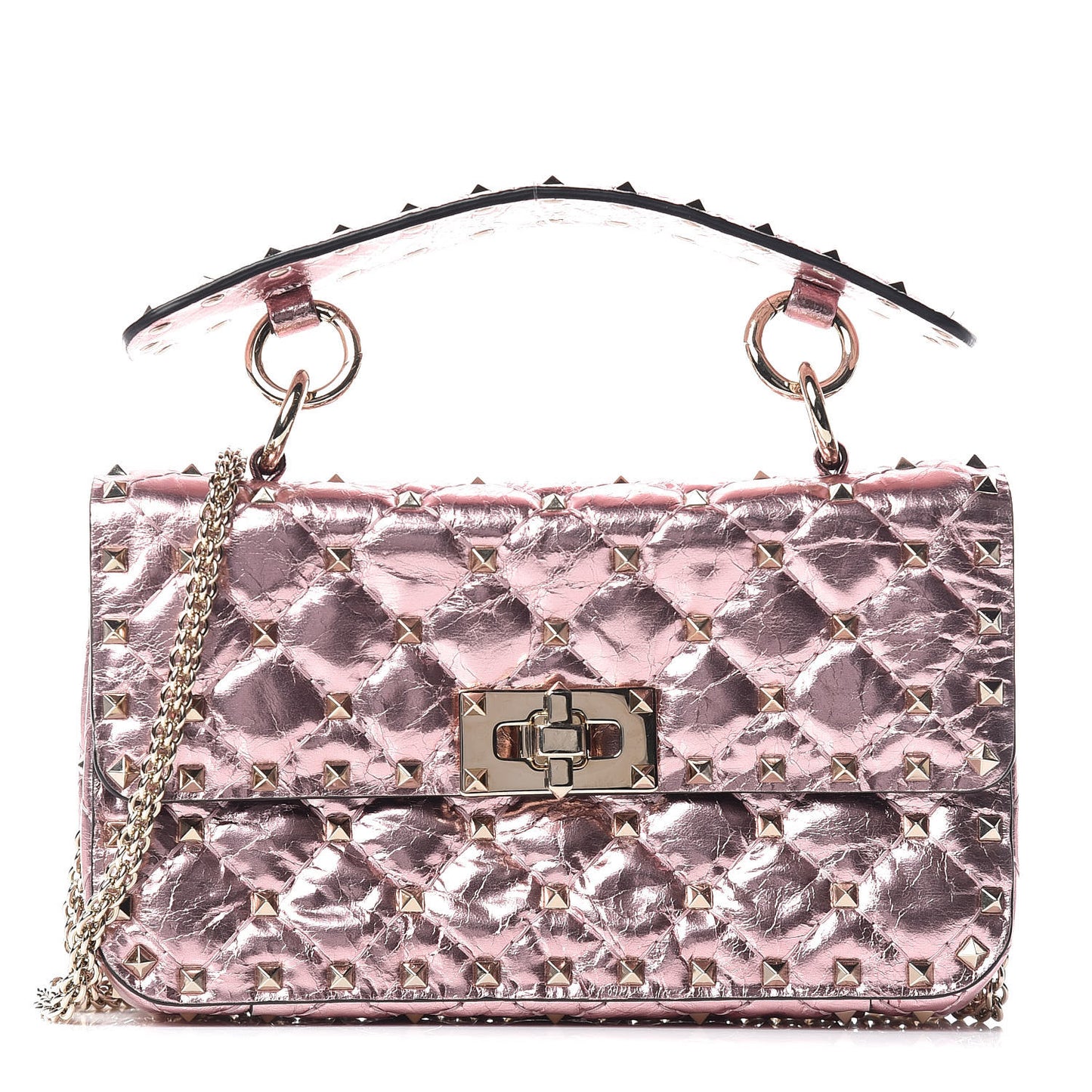 Metallic Wrinkled Lambskin Small Rockstud Spike Shoulder Bag Lipstick