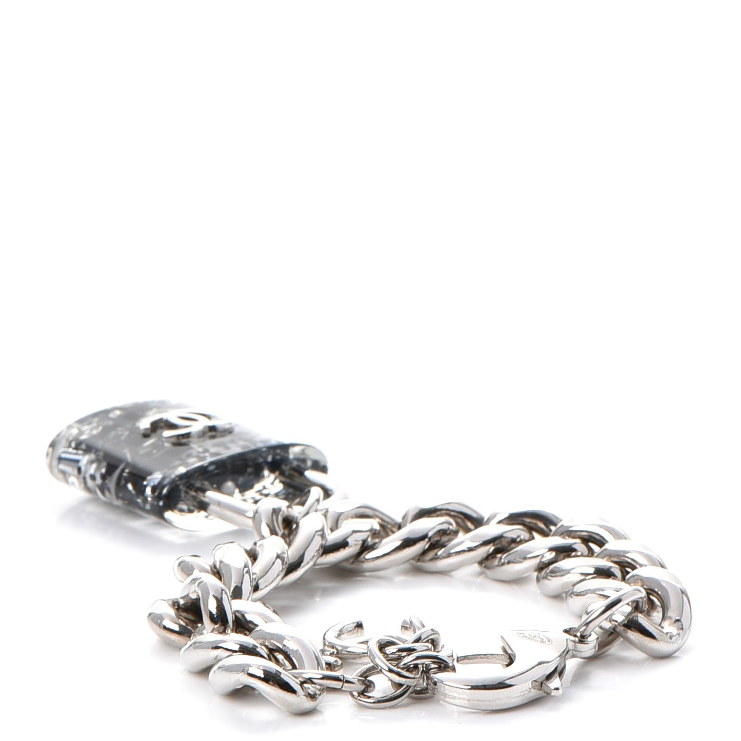 Plexiglass Pearl CC Padlock Bracelet Silver