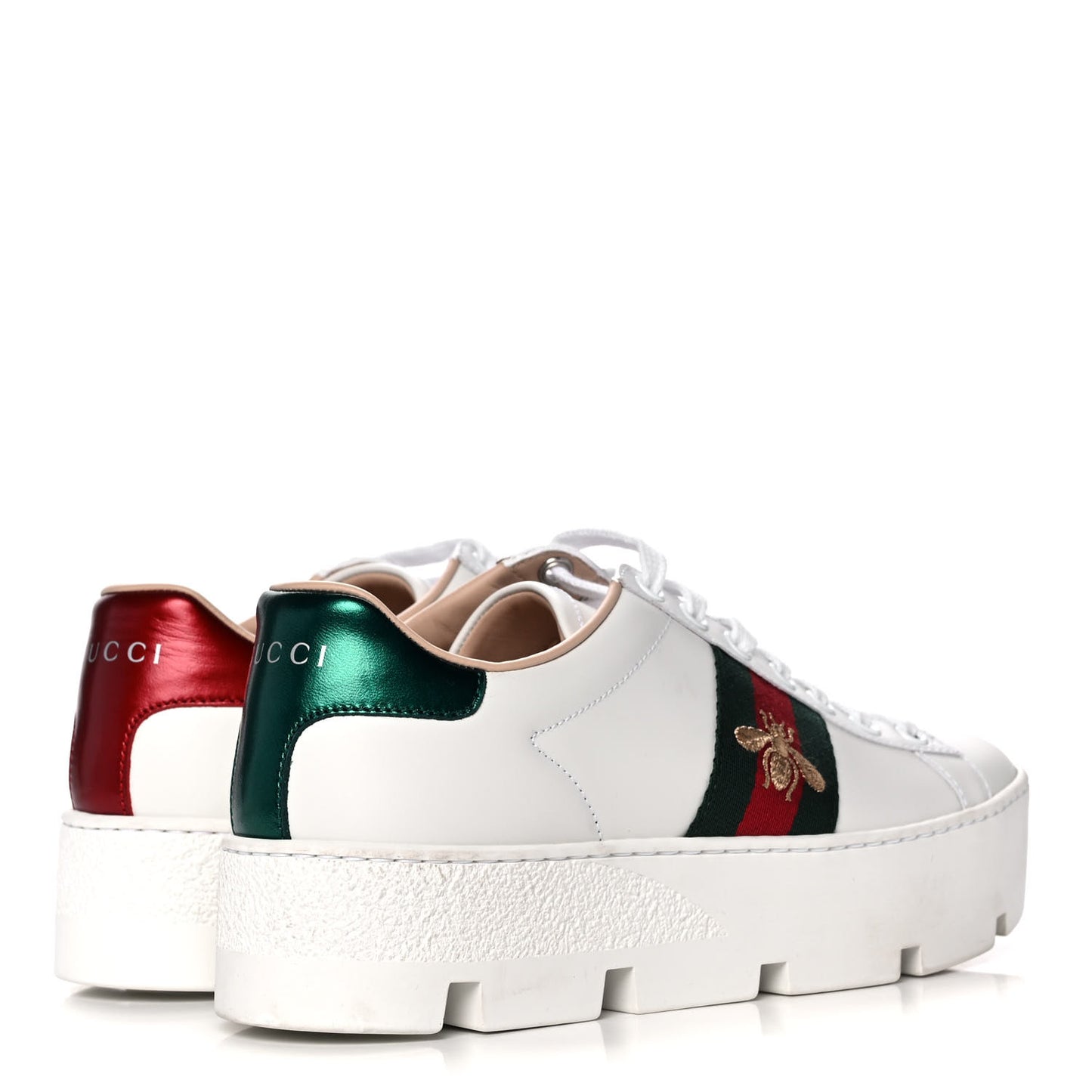 Calfskin Web Bee Embroidered Womens Ace Platform Sneakers 36 White