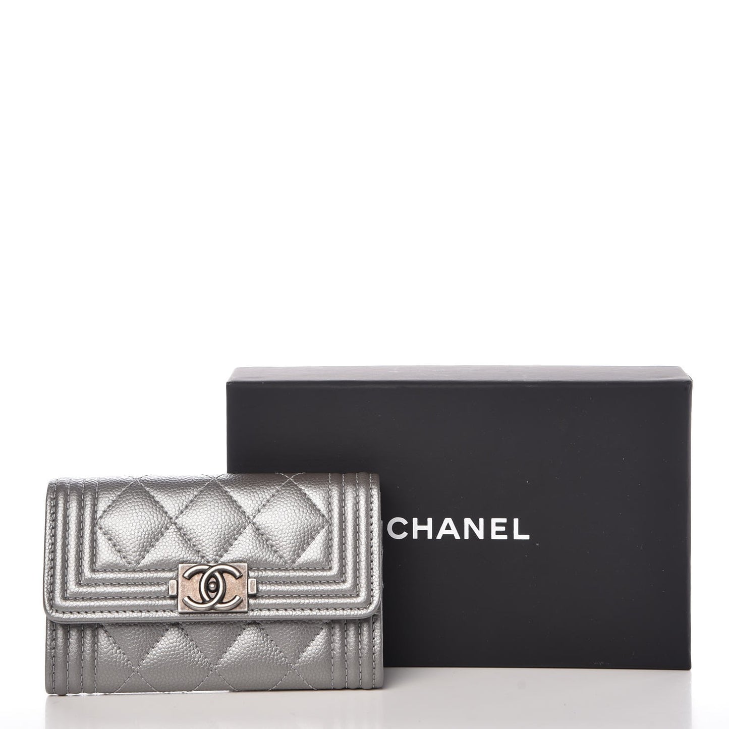 Metallic Caviar Quilted Boy Card Holder Wallet Silver