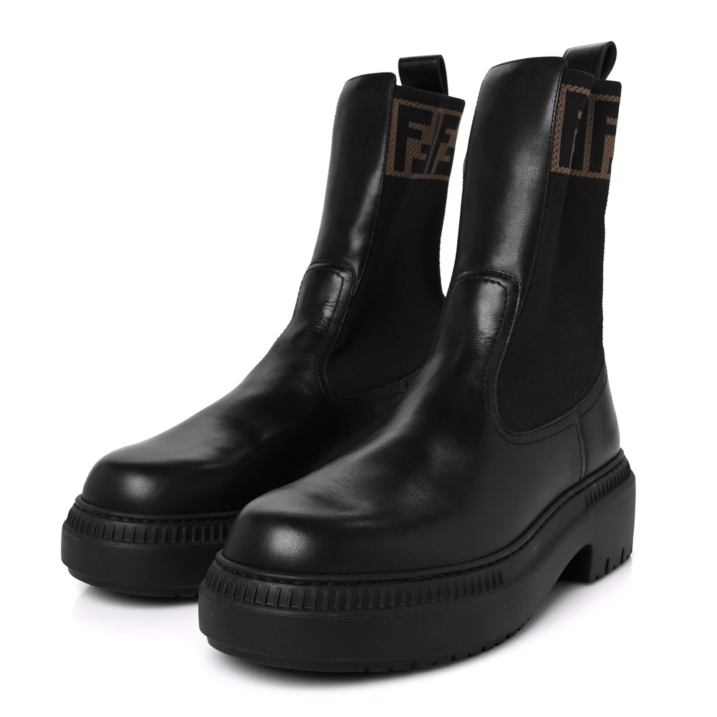 Fabric Jacquard FF Calfskin Domino Chelsea Boots 40 Black Tobacco