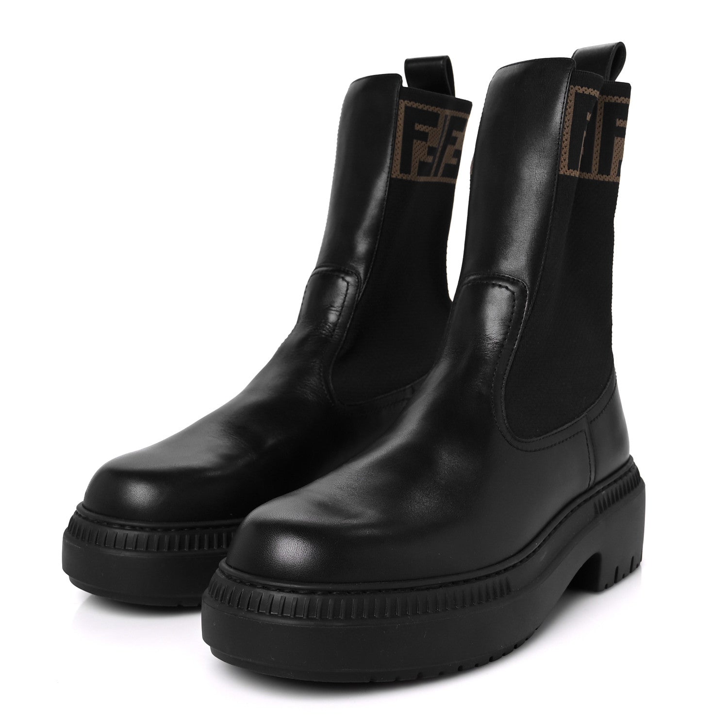 Fendi Fabric Jacquard FF Calfskin Domino Chelsea Boots 40 Black Tobacco 4 of 9