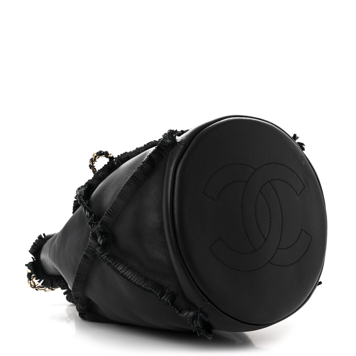 Lambskin Quilted Fringe CC Chain Bucket Drawstring Bag Black