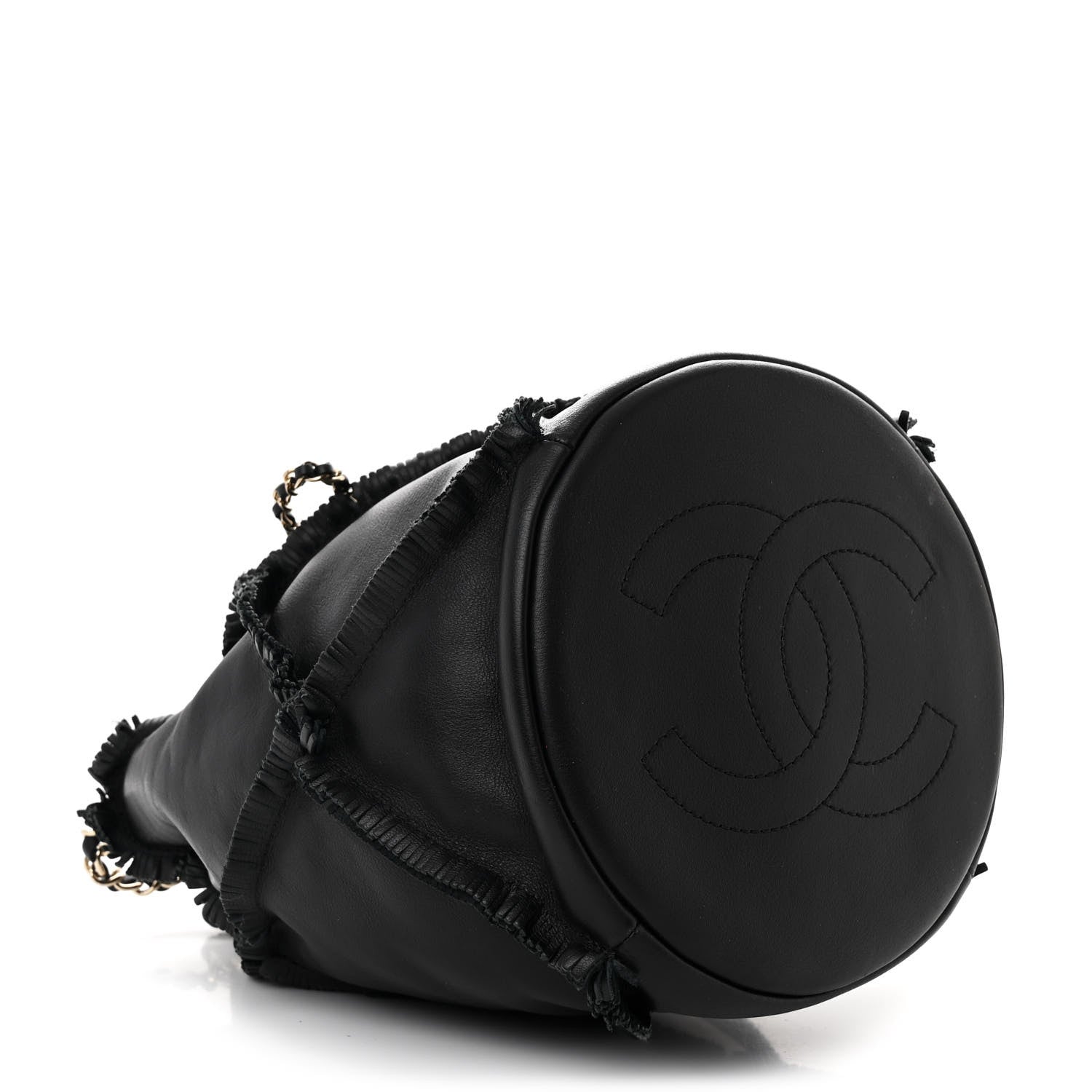 Chanel Lambskin Quilted Fringe CC Chain Bucket Drawstring Bag Black 4 of 11