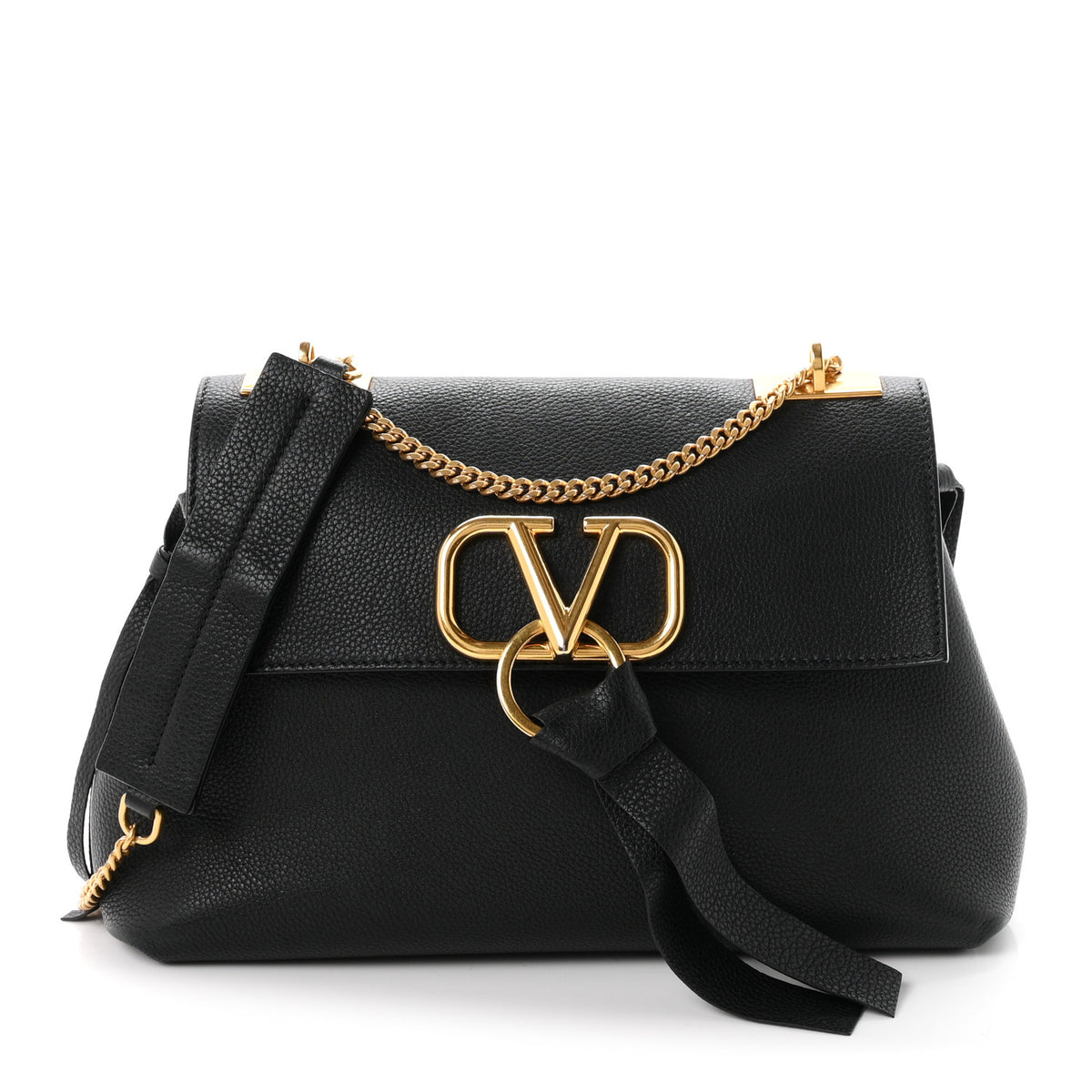 Valentino Garavani Pebbled Calfskin Small VRing Chain Shoulder Bag Black 1 of 9