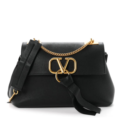 Valentino Garavani Pebbled Calfskin Small VRing Chain Shoulder Bag Black 1 of 9