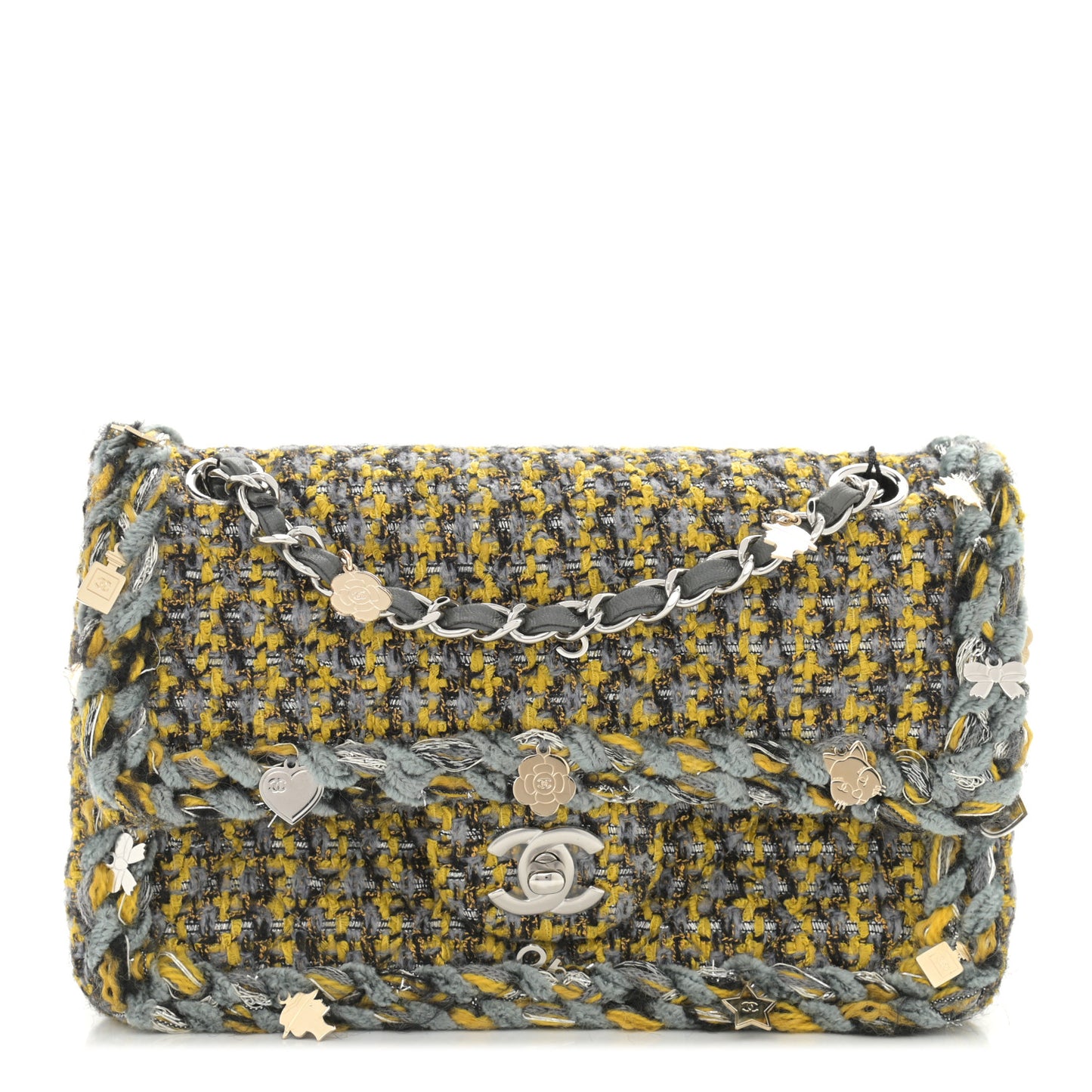 Tweed Braided Charms Small Flap Yellow Grey Black