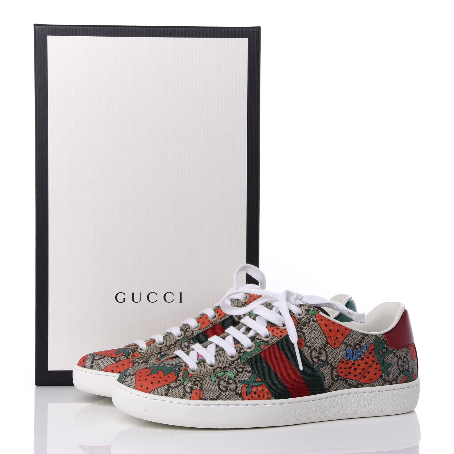 Gucci GG Supreme Monogram Strawberry Web Womens Ace Sneakers 36 Beige Multicolor Red Green 10 of 10