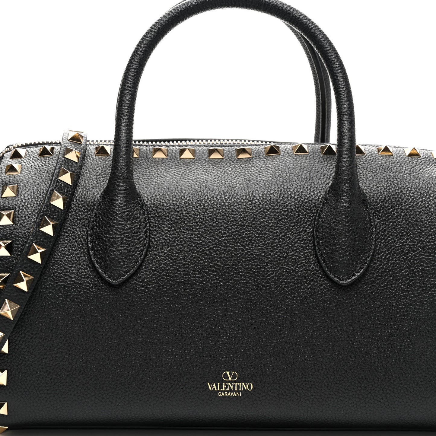 Pebbled Calfskin Rockstud Bowling Bag Black