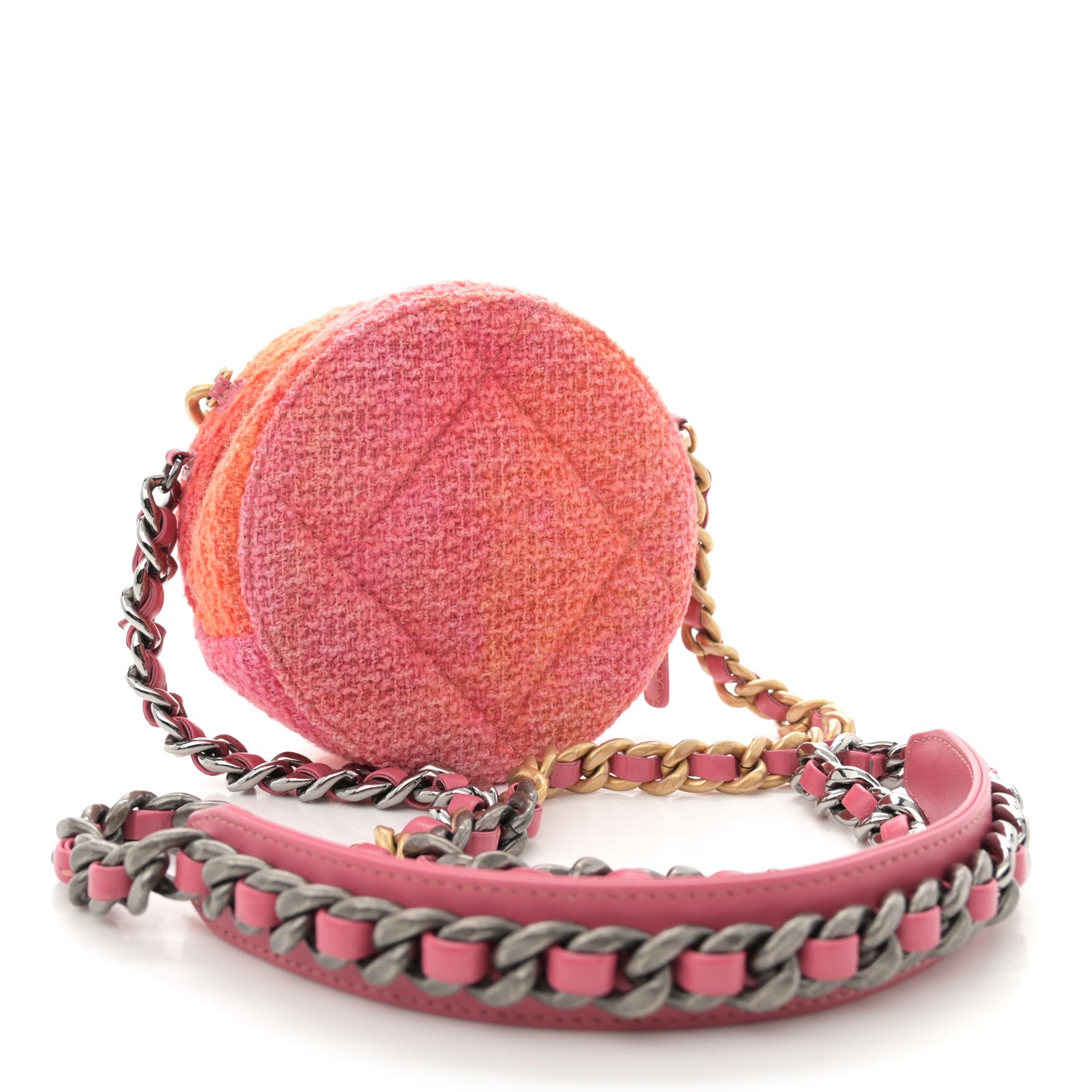 Chanel Tweed Quilted Chanel 19 Round Clutch With Chain Coral Pink 3 of 10