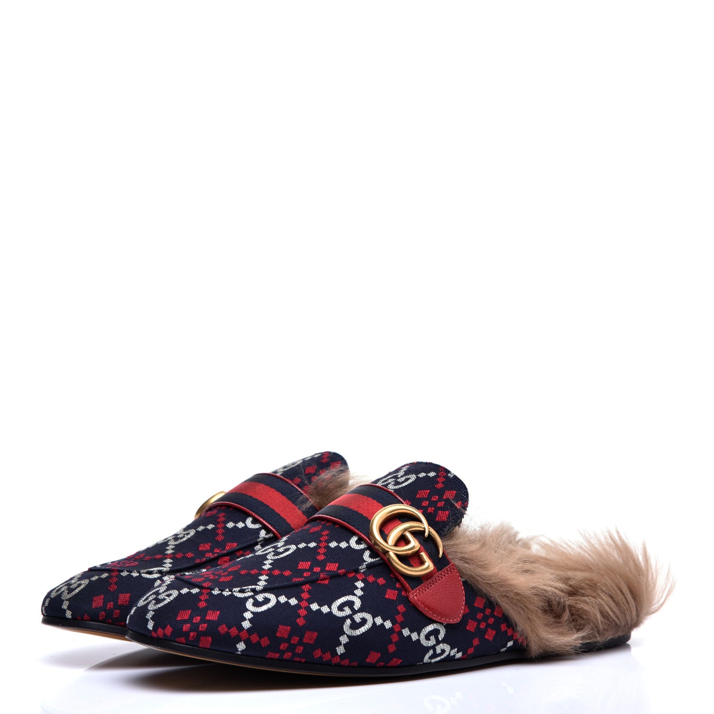 Canvas GG Monogram Diamond Fur Web GG Mens Princetown Slippers 8 Midnight Blue Hibiscus Red