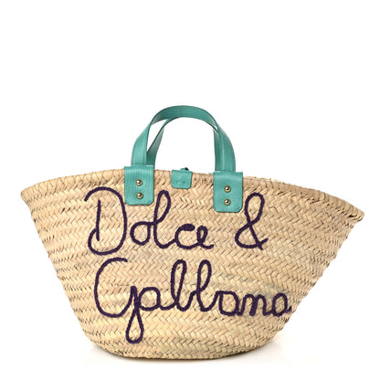 Dolce & Gabbana Woven Raffia Calfskin Lizard Embossed Crystal Embellished Kendra Logo Tote Blue Multicolor 1 of 9