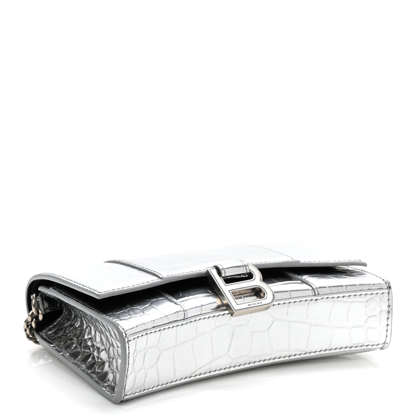 Metallic Calfskin Crocodile Embossed Hourglass Chain Bag Silver