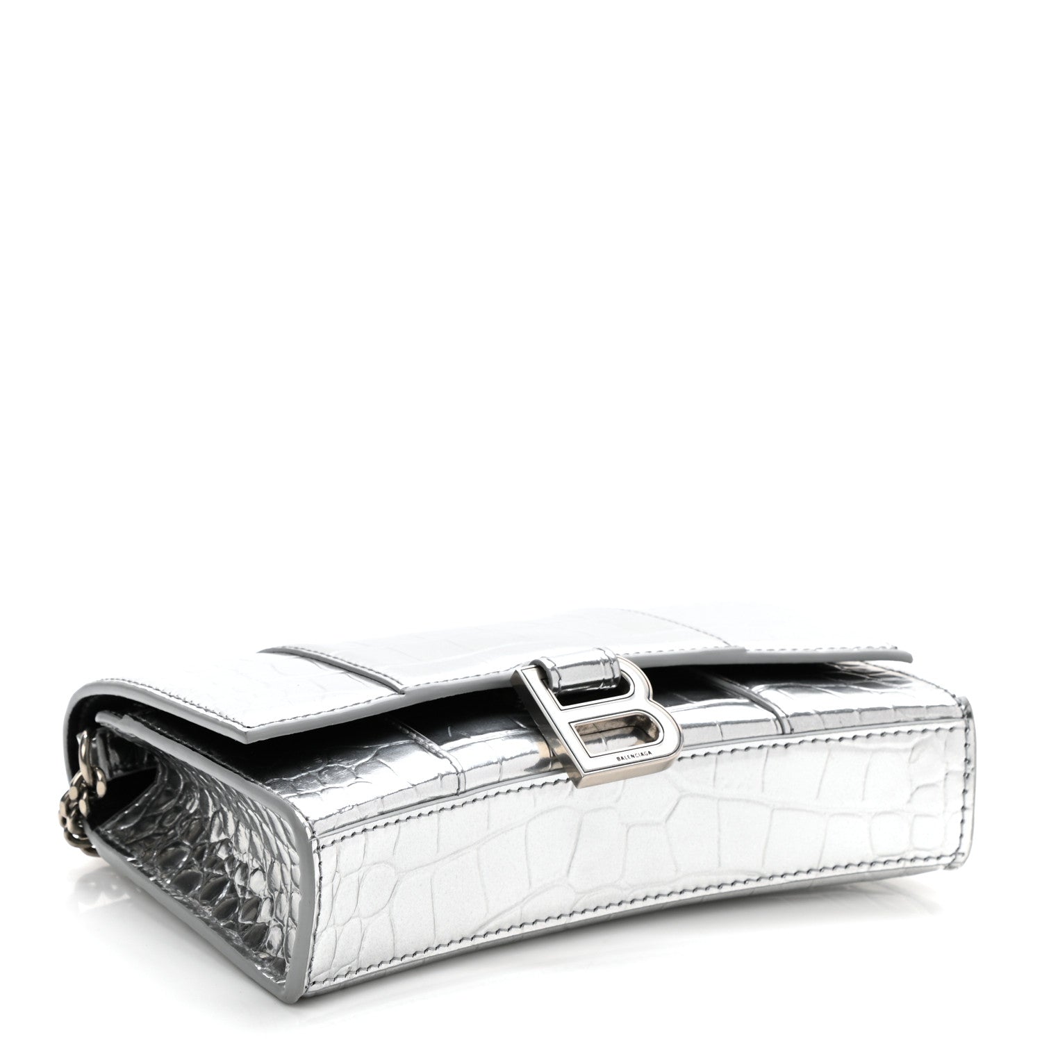 Balenciaga Metallic Calfskin Crocodile Embossed Hourglass Chain Bag Silver 4 of 9
