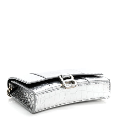 Balenciaga Metallic Calfskin Crocodile Embossed Hourglass Chain Bag Silver 4 of 9