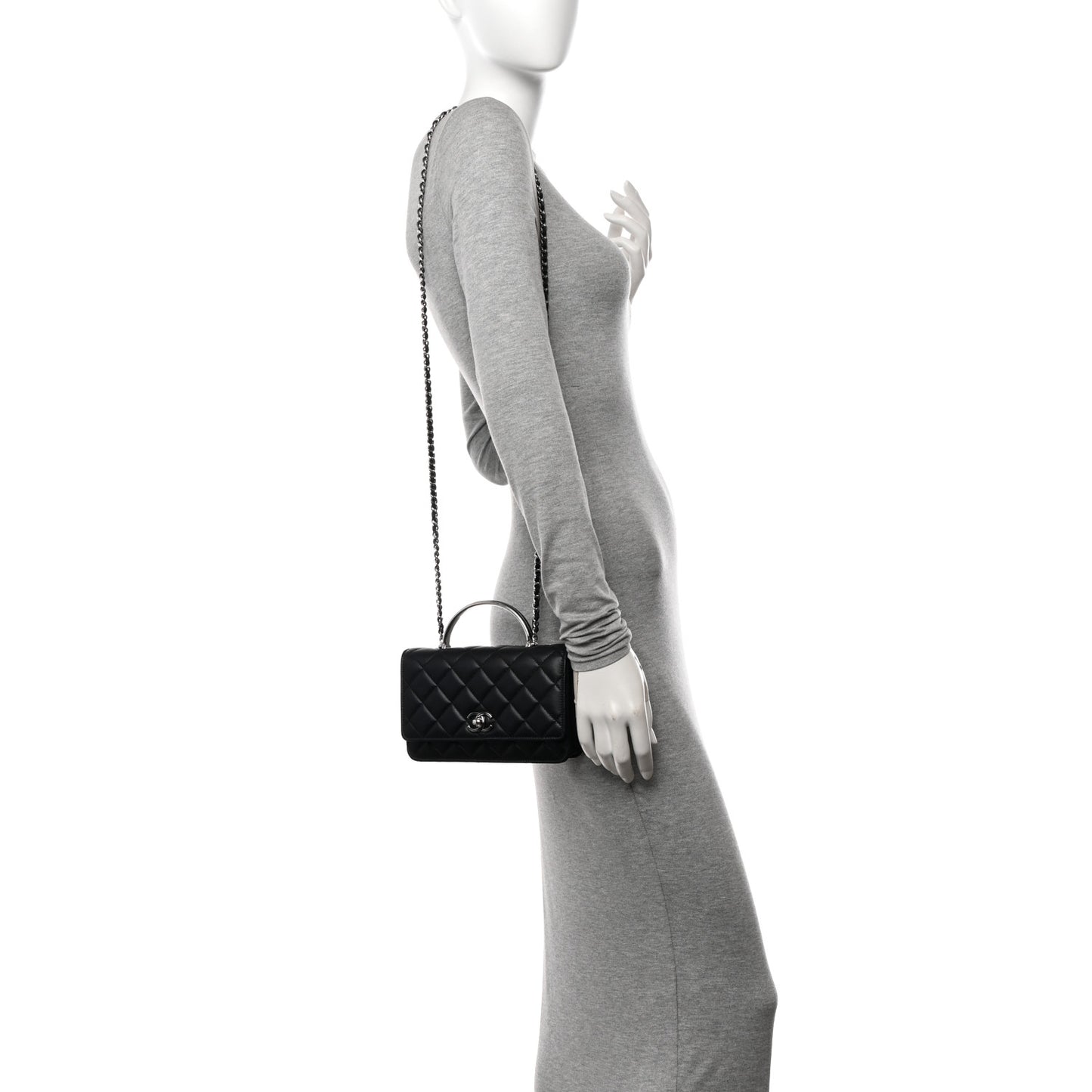 Lambskin Quilted Metal Top Handle Wallet On Chain WOC Black