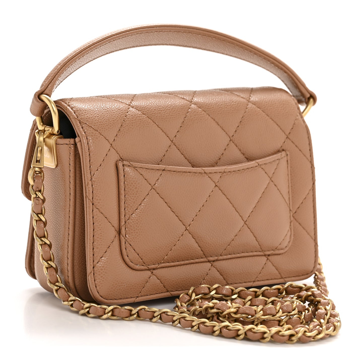 Shiny Caviar Quilted Mini Top Handle Flap Bag Camel
