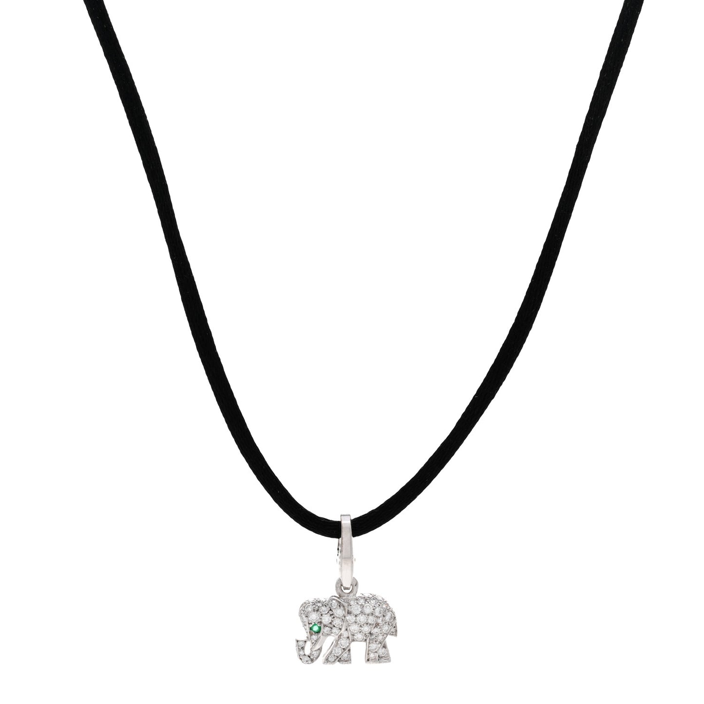 18K White Gold Diamond Emerald Elephant Charm Cord Necklace Black