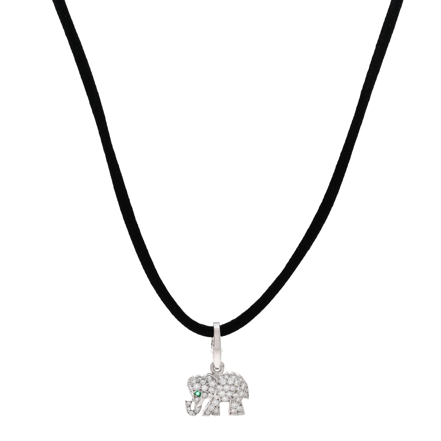 Cartier 18K White Gold Diamond Emerald Elephant Charm Cord Necklace Black 1 of 4