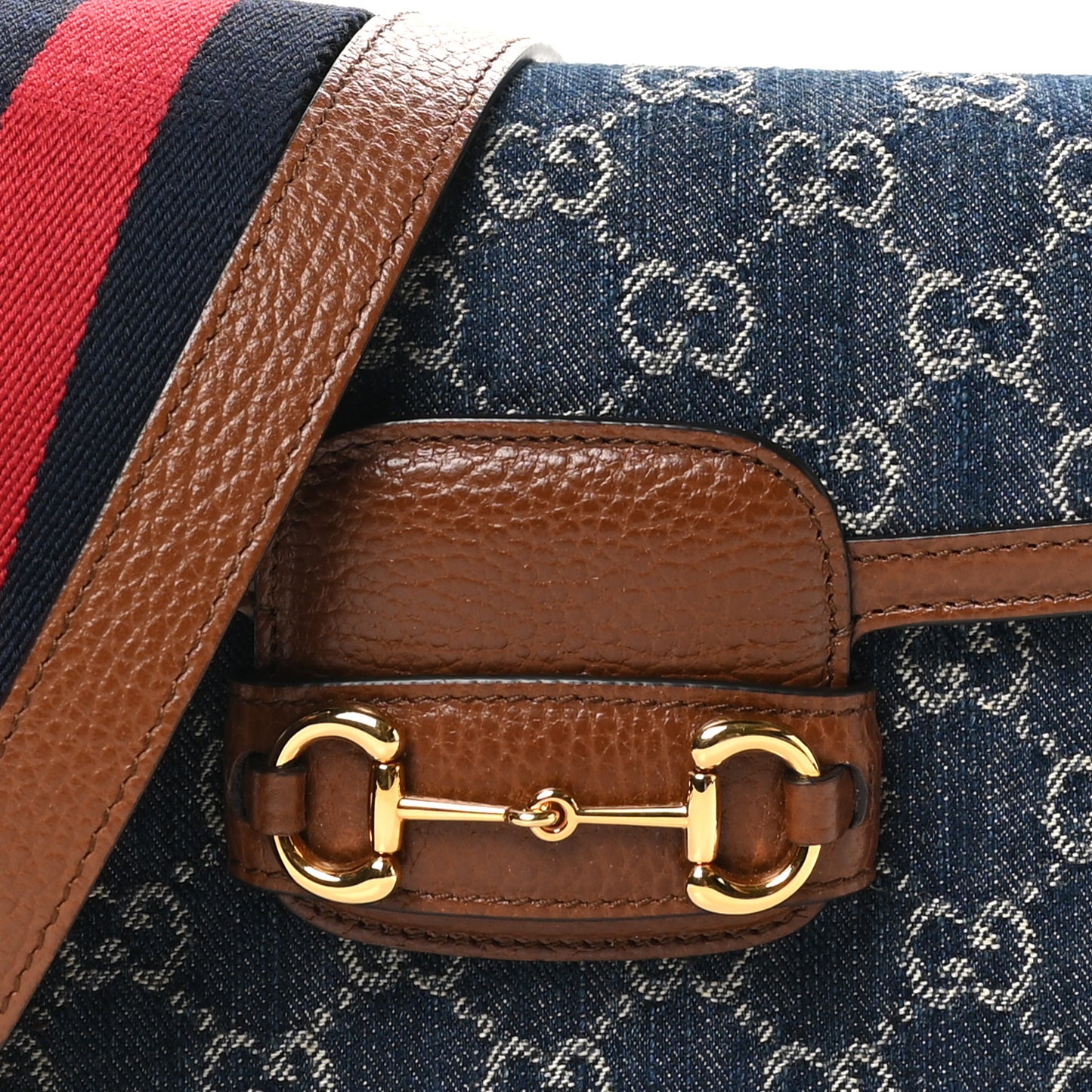 New Denim GG Monogram Dollar Calfskin Web Mini Horsebit 1955 Shoulder Bag Blue Tea Cuir Epilog