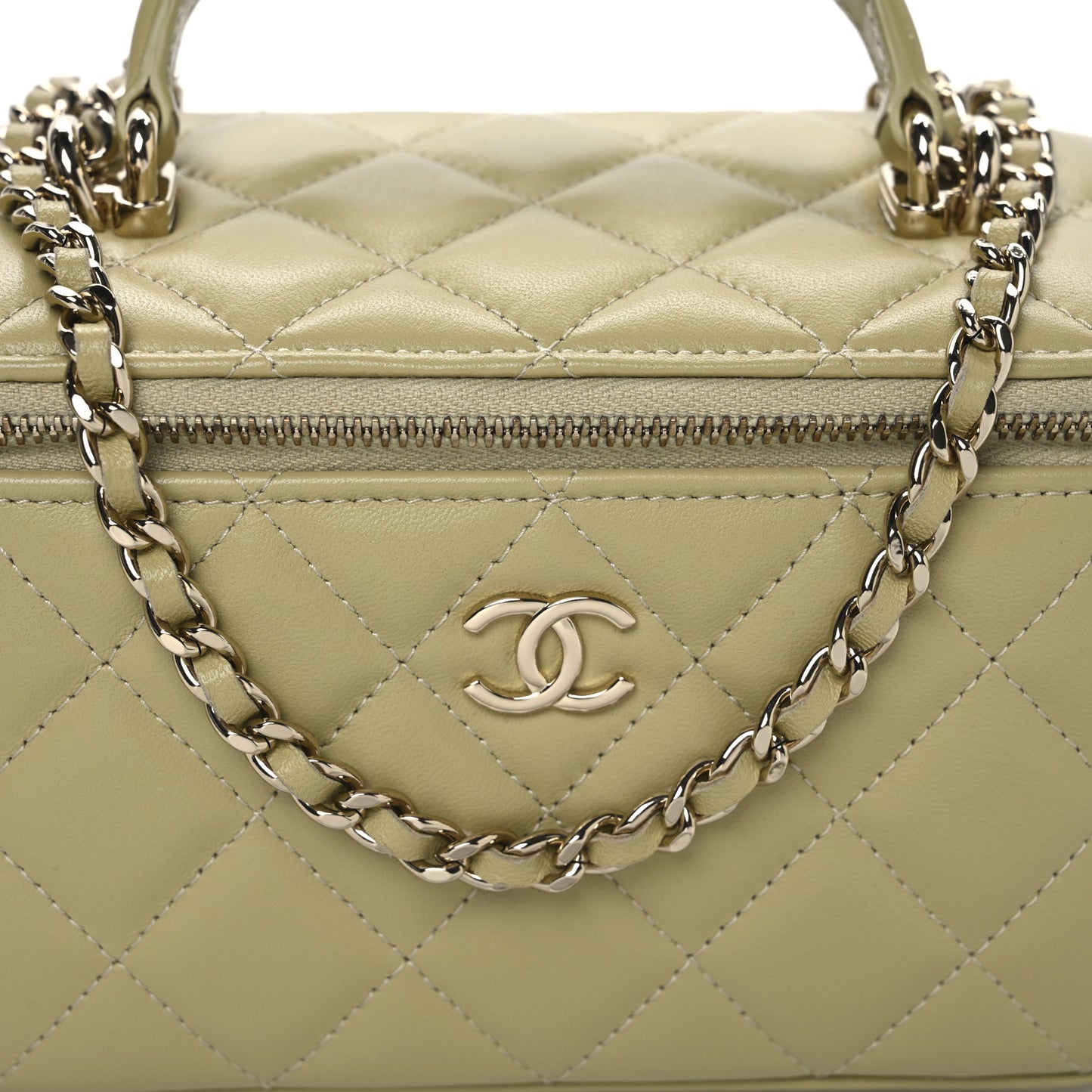 Lambskin Quilted Small Top Handle Vanity Case With Chain Light Green