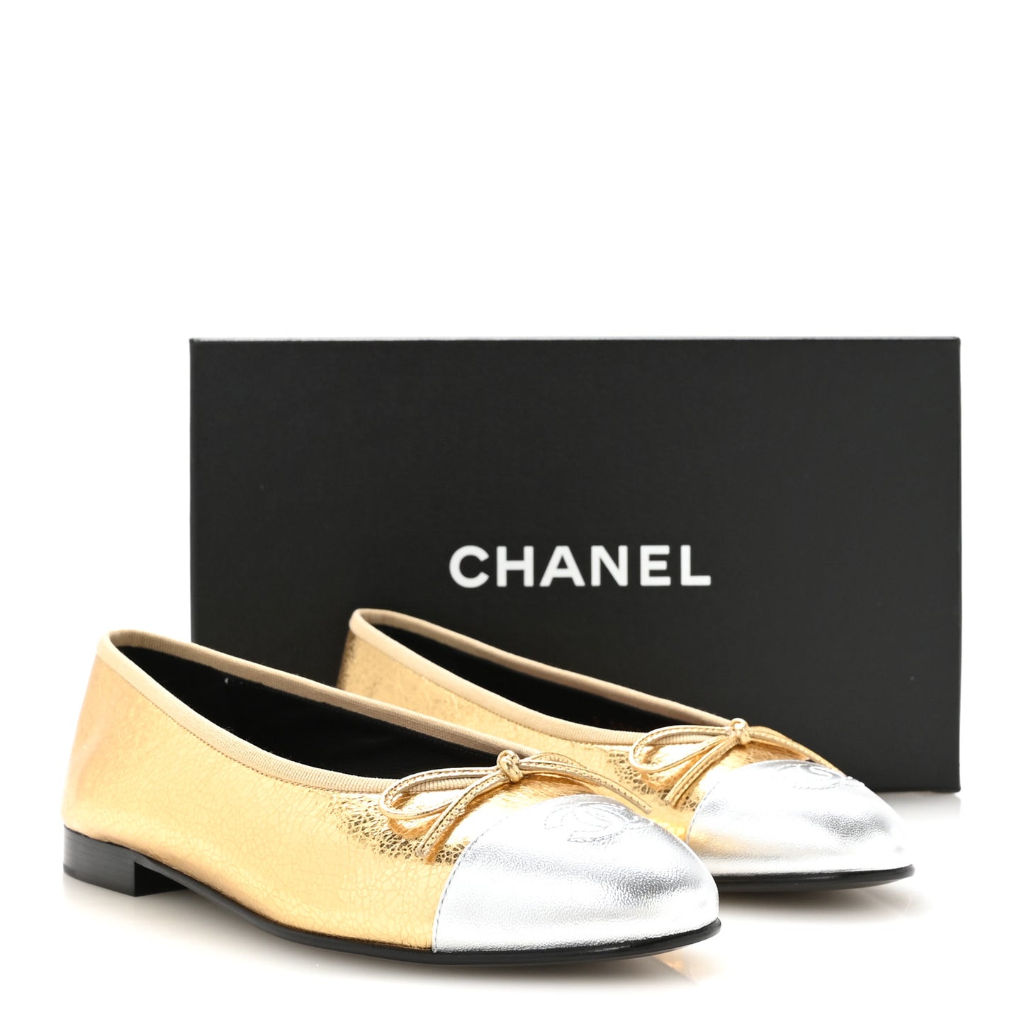 Metallic Crackled Laminated Calfskin CC Cap Toe Ballerina Flats 37.5 Gold Silver