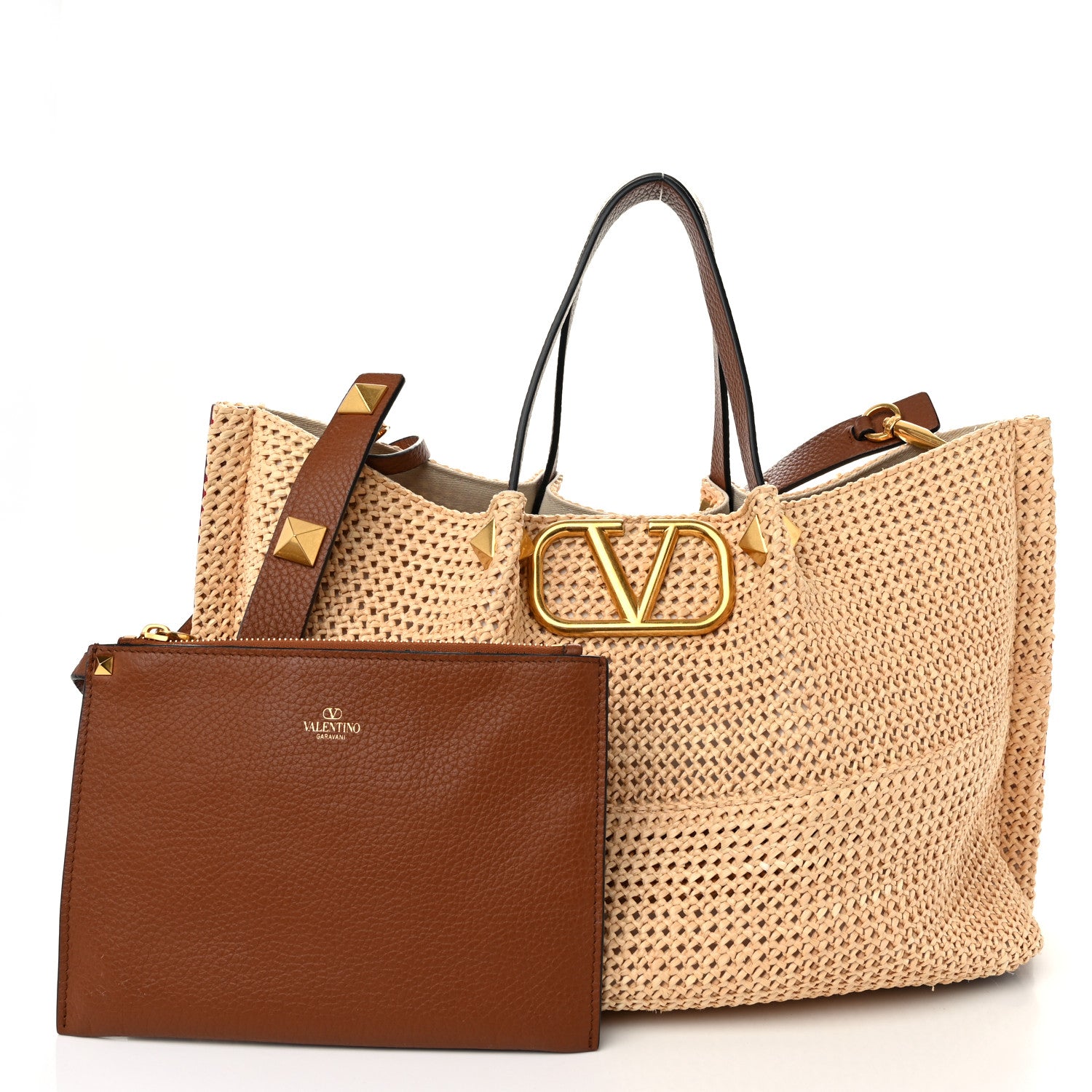 Valentino Garavani Raffia Grained Calfskin Medium Rockstud Vlogo Tote Naturale 3 of 11