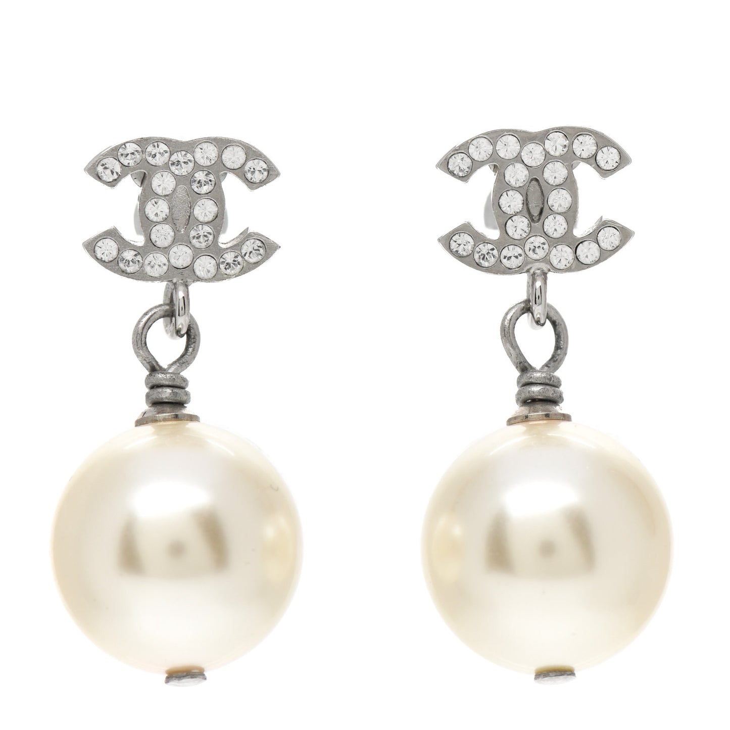 Crystal Pearl CC Drop Earrings Silver Pearly White